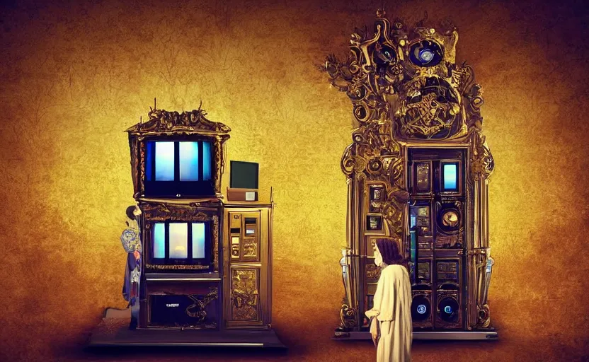 Image similar to A person standing in front of a giant baroque computer asking it to generate an image of what they are about to say, fantasy, digital art, golden hours, dramatic, ornate, manga