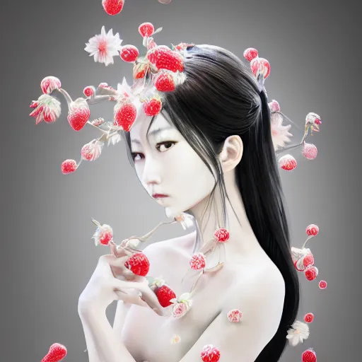 Prompt: the portrait of an absurdly beautiful, graceful, elegant, sophisticated, fashionable young japanese idol made of strawberries and white petals with tears, an ultrafine hyperdetailed illustration by kim jung gi, irakli nadar, intricate linework, bright colors, octopath traveler, final fantasy, unreal engine 5 highly rendered, global illumination, radiant light, detailed and intricate environment