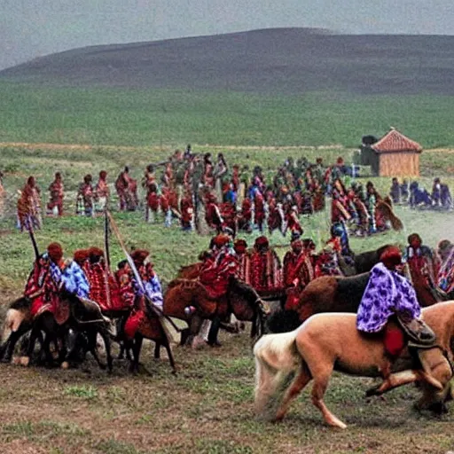 Prompt: a russian town getting pillaged by mongols on horses