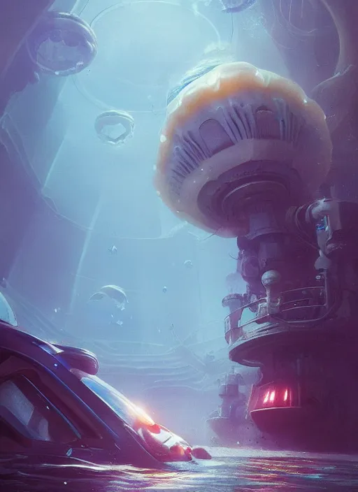 Prompt: jellyfish alien vehicle, sparks, ultra realistic, underwater temple, cinematic lighting, machines, highly detailed, sharp focus, artstation, masterpiece, art by greg rutkowski