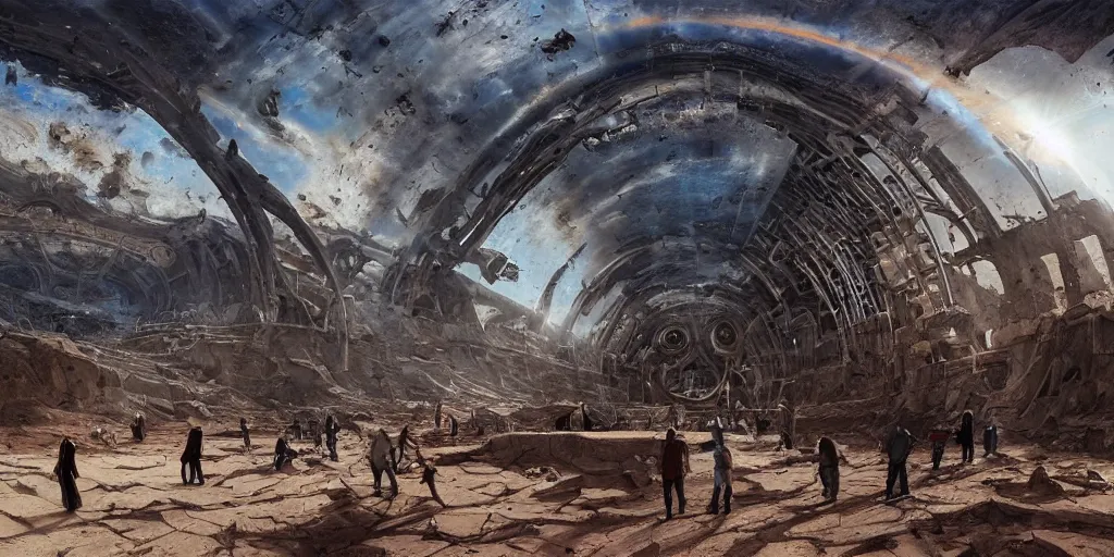 Prompt: supernova, neo brutalism space station ruins in the mars desert, giant whale skeleton, people wandering, sunlit, painted by steve mccurry, ruan jia, raymond swanland, lawrence alma tadema, zdzislaw beksinski, norman rockwell, jack kirby, tom lovell, alex malveda, greg staples