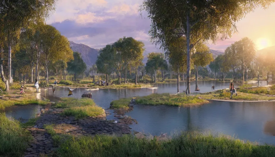 Image similar to concept art of an ecological park with a giant lake and paths around it in california, small white ecological hotels built around it, sunset light, hyperdetailed, artstation, cgsociety, 8 k