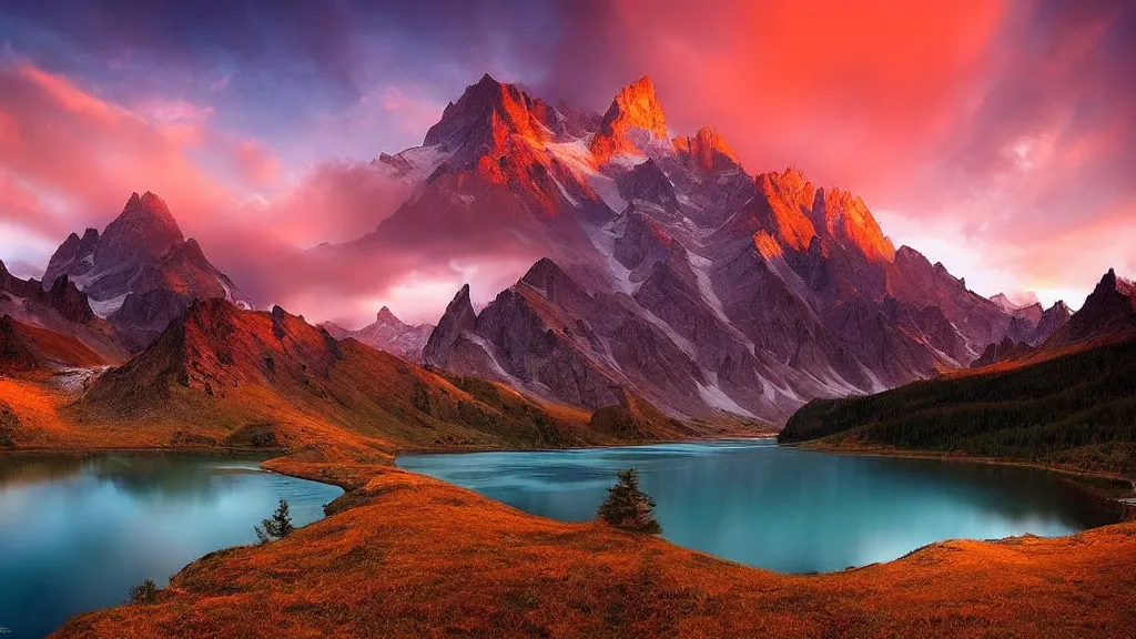 Image similar to amazing landscape photo of mountains with lake in sunset by marc adamus, beautiful dramatic lighting