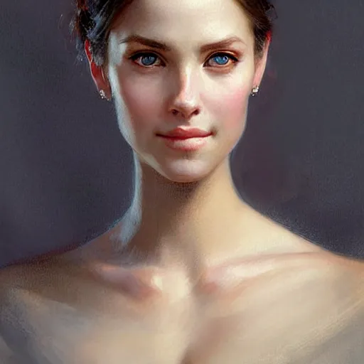 Image similar to Facial portrait of a cute girl, looking at the camera, slight awkward smile, lips slightly parted, no hands visible, elegant, intricate, extremely detailed painting by Greg Rutkowski and by Henry Justice Ford and by Steve Henderson