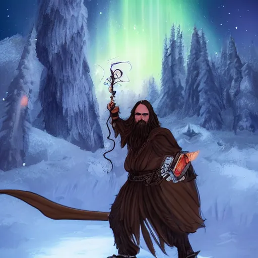 Image similar to dungeons and dragons, realistic,full body long hair goatee warlock with pet imp, magic aura, northern lights