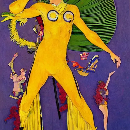 Image similar to art by joshua middleton, the yellow creeper, a tall manically smiling yellow - skinned man with green and black striped cycling shorts and wearing a long red feather boa, yellow makeup, mucha, kandinsky, poster, comic art, stylised design