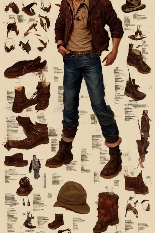 Image similar to character design, reference sheet, whole character, 40's adventurer, unshaven, optimistic, stained dirty clothing, straw hat, heavy boots, red t-shirt, dusty brown bomber leather jacket, detailed, concept art, photorealistic, hyperdetailed, , art by Leyendecker and frazetta,