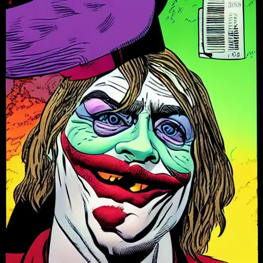 Image similar to dynamic macro head portrait of kurt cobain as the joker in by john romita sr and cory walker and ryan ottley and jack kirby and barry windsor - smith, comic, illustration, photo real