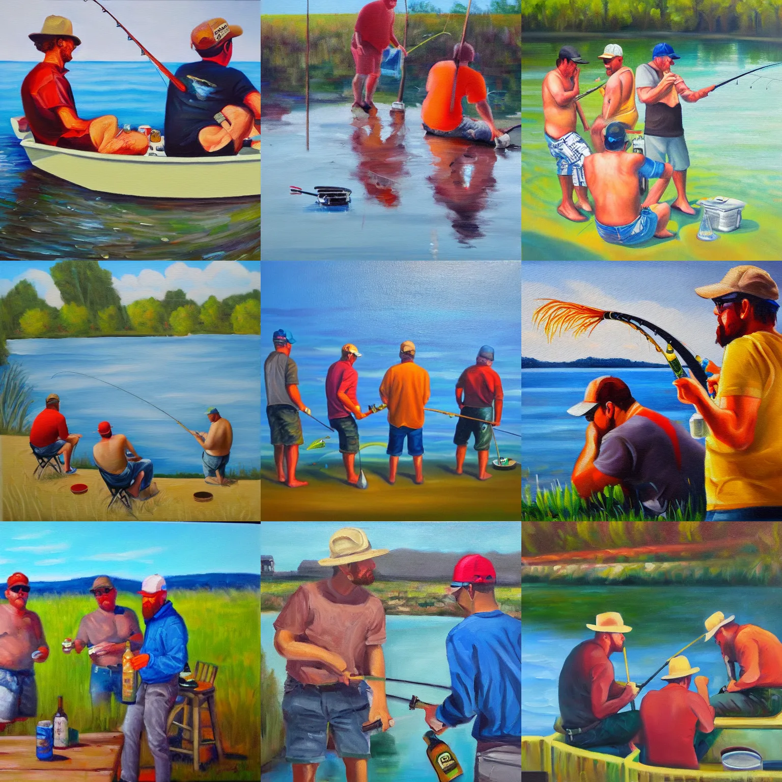 Prompt: guys binge drinking and fishing, oil on canvas