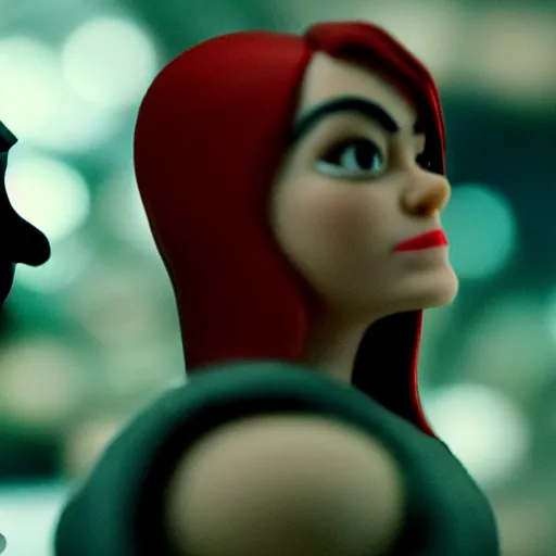 Image similar to a cinematic film still of a claymation stop motion film starring emma stone as red hood and andrew garfield as wolf, brunette hair, shallow depth of field, 8 0 mm, f 1. 8