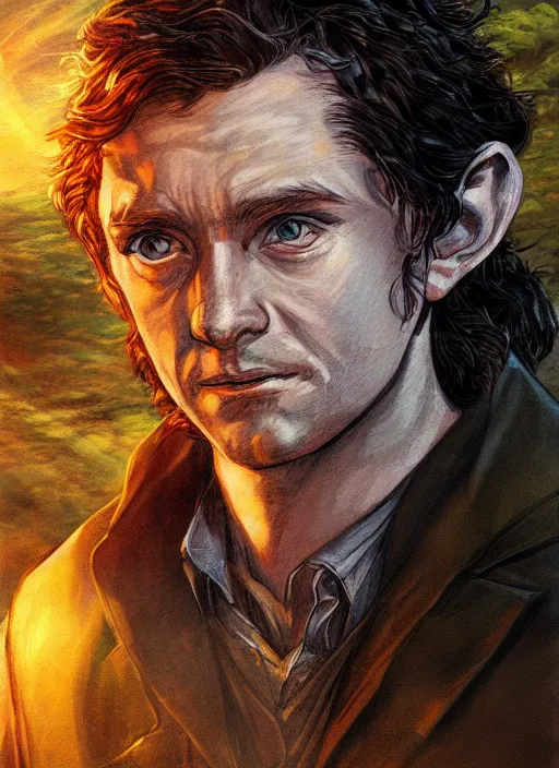 Prompt: A fantasy comic book style portrait painting of a hobbit, DAZ, hyperrealistic, ambient light, dynamic light