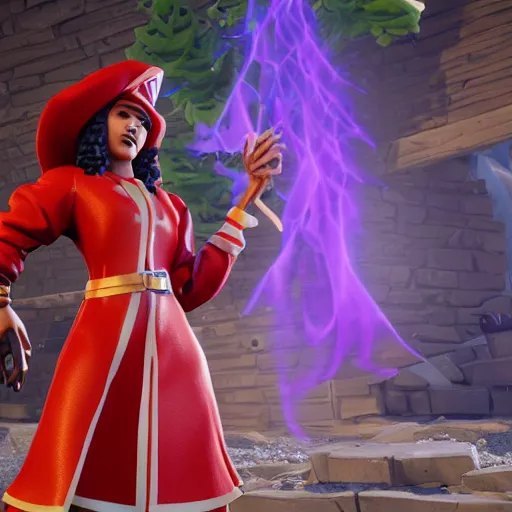 Prompt: a curly haired female wizard wearing a red wizard hat as a fortnite character, screenshot from fortnite, 3 d unreal engine render