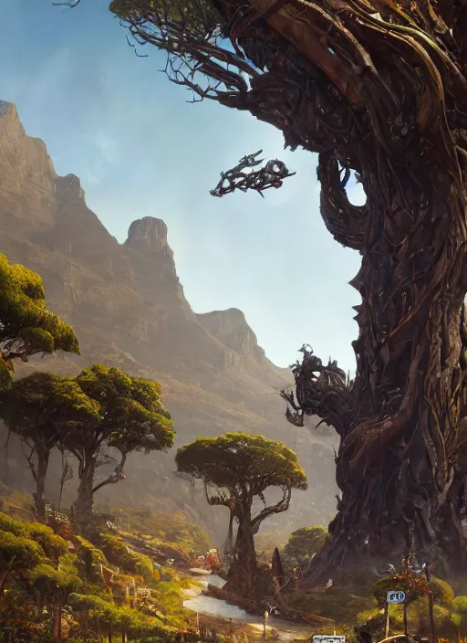 Prompt: hyper realistic robot attacking cape town city beautiful details, gnarly trees, strong composition, poster painted by greg rutkowski, concept art, arcane style, hearthstone wizards of the coast norman rockwell, james gurney and greg rutkowski weta studio, and lucasfilm and best of artstation