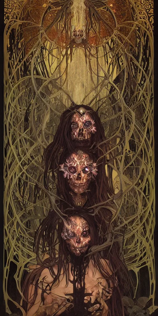 Prompt: intense glowing black metal pagan god with spider eyes and a skull in very dark forest by karol bak and josan gonzales and moebius and alphonse mucha, portrait, studio muti, malika favre, rhads, makoto