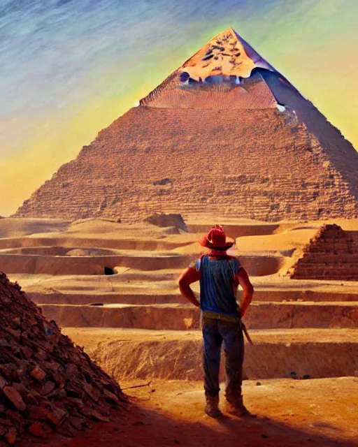 Image similar to detailed painting of an american lumberjack in front of the gizeh pyramids of egypt, greg rutkowski, magali villeneuve and monet