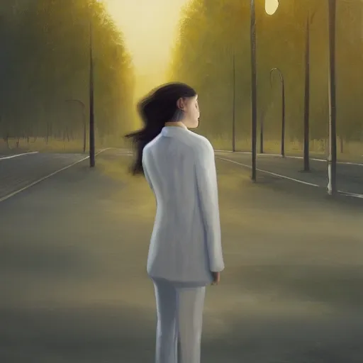 Image similar to giant white daisy flower head, frontal, girl in a suit, standing in street, surreal photography, sunrise, dramatic light, impressionist painting, digital painting, artstation, simon stalenhag