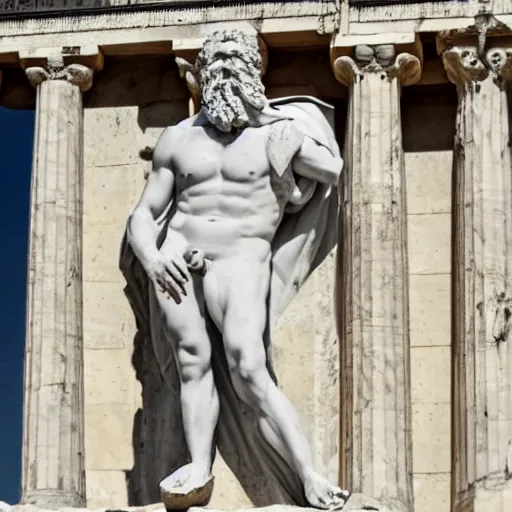 Image similar to a man in the form of a greek sculpture, holding huge eye, pillar, greek architecture, made of marble