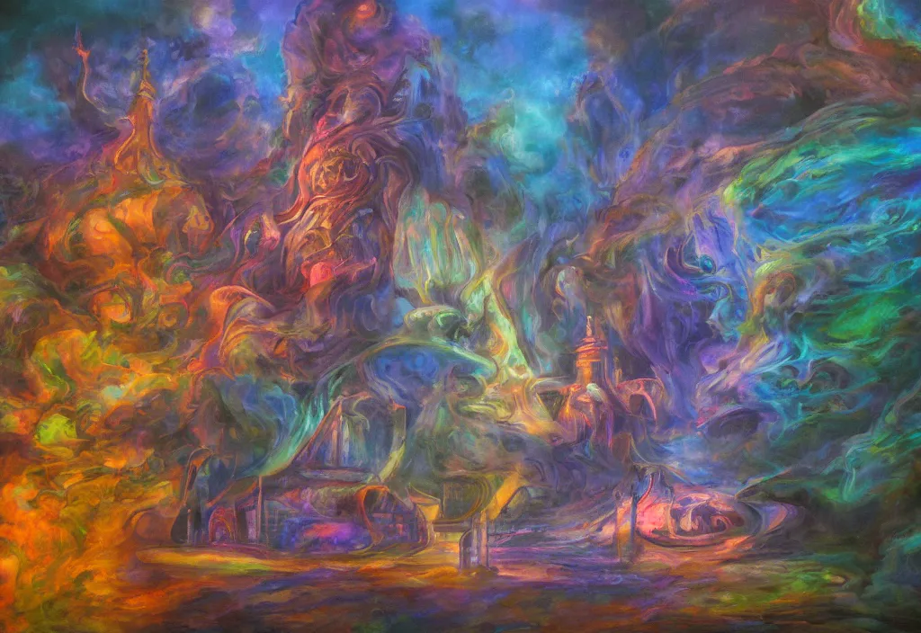 Image similar to iridescent temple of sleep advanced architecture dreamer mythos phantasms, award winning oil painting, polychromatic spectrum