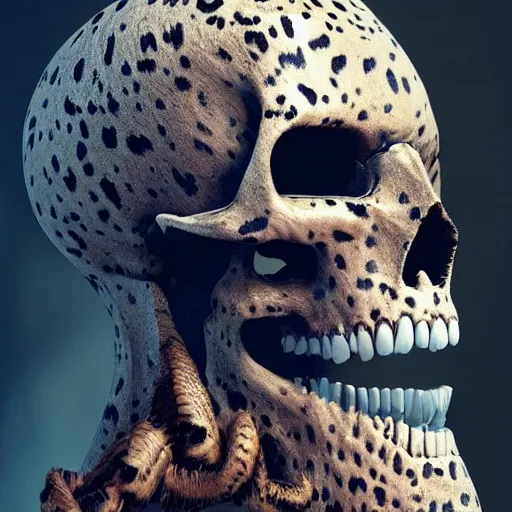 Image similar to Skull that look too much like skull!, crypt lurker!!, grasp of darkness!!!, 8k CG character rendering of a spider-like hunting female on its back, fangs extended, wearing a leopard-patterned dress, set against a white background, with textured hair and skin.