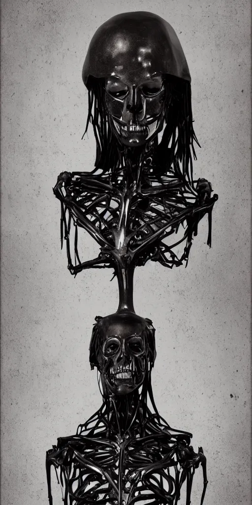 Image similar to priestess, luminous veins, style of ravens stormy sky of foreboding, dora maar and cecile beaton, occult, cinematic, robotic bust, skeletal omens, volumetric light, rim light, gothic, 8 k
