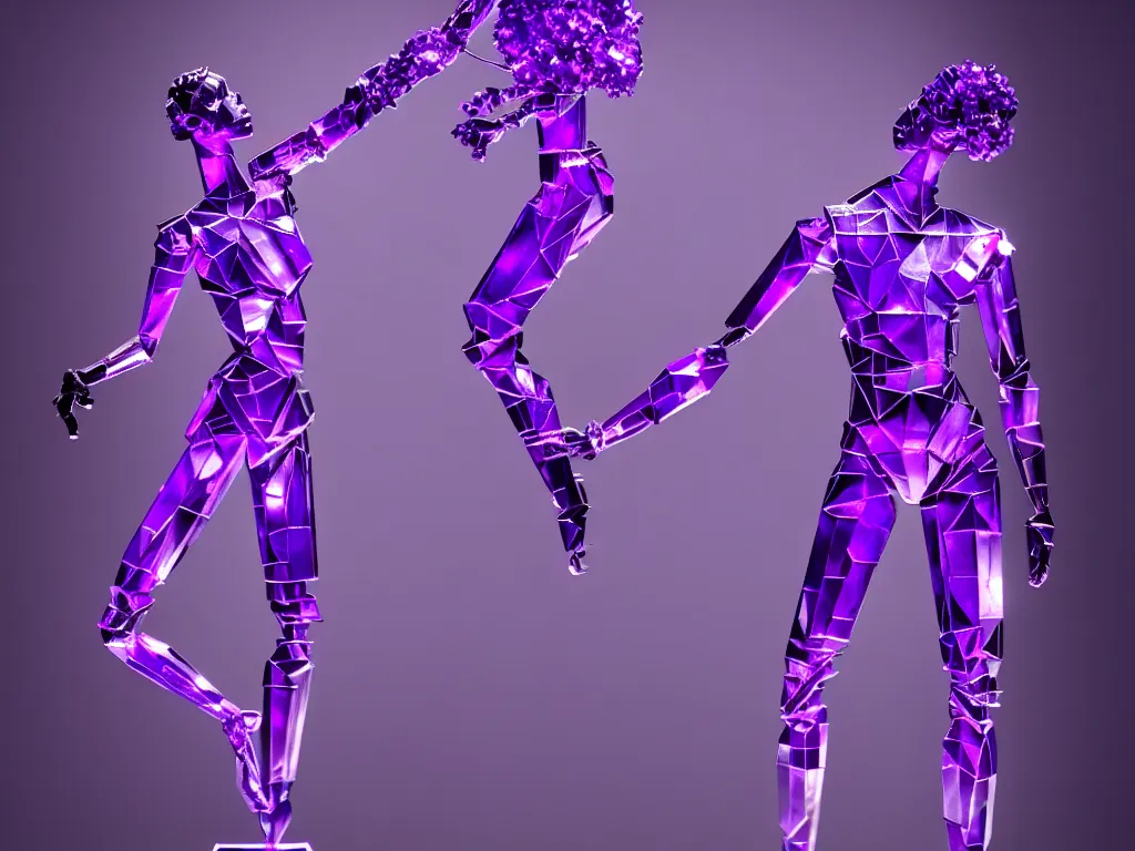 Image similar to beautiful mannequin sculpted out of amethyst by billelis + lit with purple 3 d geometric neon + chrome geometric cubed bonsai plants!!!!, doorway opening with neon pink geometric light, clean linework, dramatic, finely detailed, rule of thirds, moody, confident, award winning, 4 k, trending on artstation, photorealistic, volumetric lighting, octane render