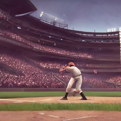 Prompt: baseball player hitting the ball with the baseball bat in the middle of the game and in front of everyone in the stadium, james gurney painting style, greg rutkowski, artstation, octane render, unreal engine 5