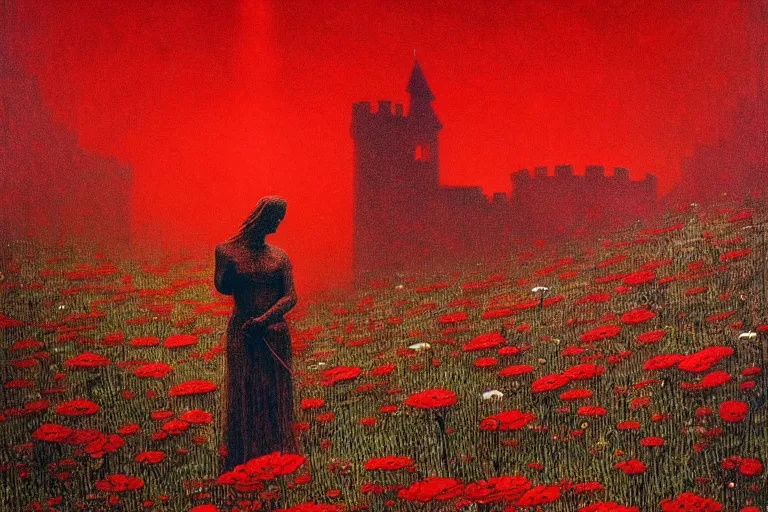 Image similar to only with red, red flowers of different types, a red tiger, a castle in the background, medieval demons dance over the flowers, an ancient path, in the style of beksinski, part by hopper, part by rodcenko, part by hofbauer, intricate composition, red by caravaggio, insanely quality, highly detailed, masterpiece, red light, artstation