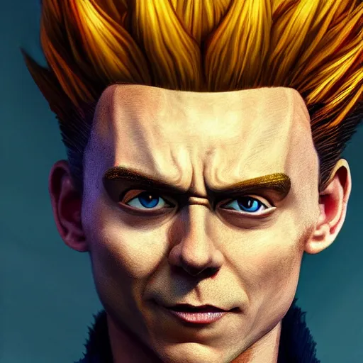 Image similar to tom hiddleston as vegeta, au naturel, hyper detailed, digital art, trending in artstation, cinematic lighting, studio quality, smooth render, unreal engine 5 rendered, octane rendered, art style by klimt and nixeu and ian sprigger and wlop and krenz cushart