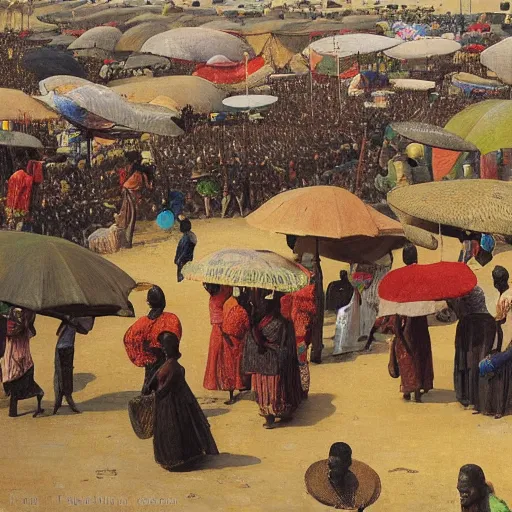 Prompt: dahomey officials with flat colorful umbrellas gather for the xwetanu in ahomey's huge main square, from above, 1905, highly detailed, oil on canvas, by ilya repin