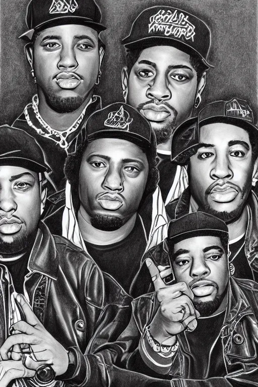 Image similar to a professionally drawn digital art image of the NWA rap group but they’re women, intricate, digital painting, trending on instagram, front photo, sharp focus, 1986 photo, award winning