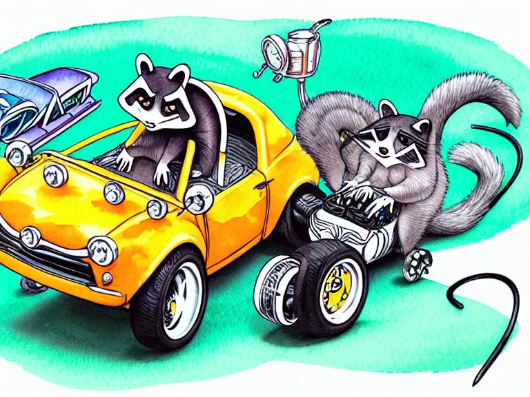 Image similar to cute and funny, racoon riding in a tiny hot rod coupe with oversized engine, ratfink style by ed roth, centered award winning watercolor pen illustration, isometric illustration by chihiro iwasaki, edited by range murata