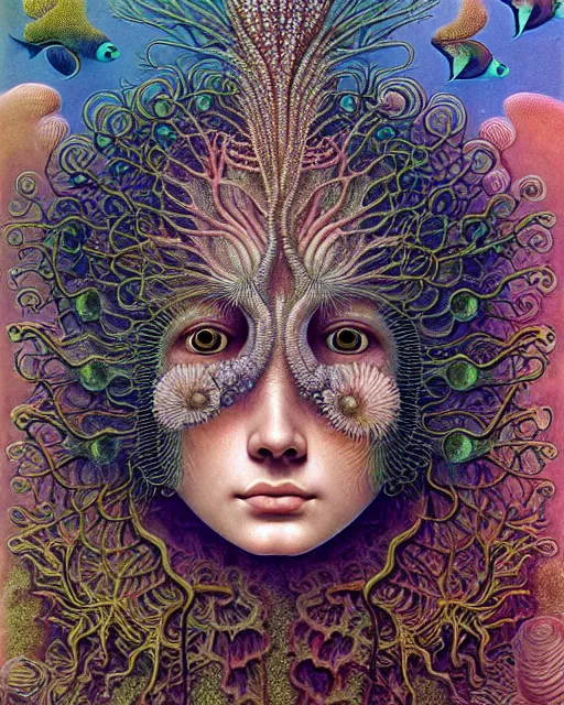 Image similar to realistic detailed underwater face portrait of the beutiful young goddess of the fish of the fractal waters with an intricate headdress of corals, sea kelp, sea plants, coral reef, fish, jellyfish, art by ernst haeckel, zdzisław beksinski, hieronymus bosch, gothic, neo - gothic, ornamental, beautiful deep colours,