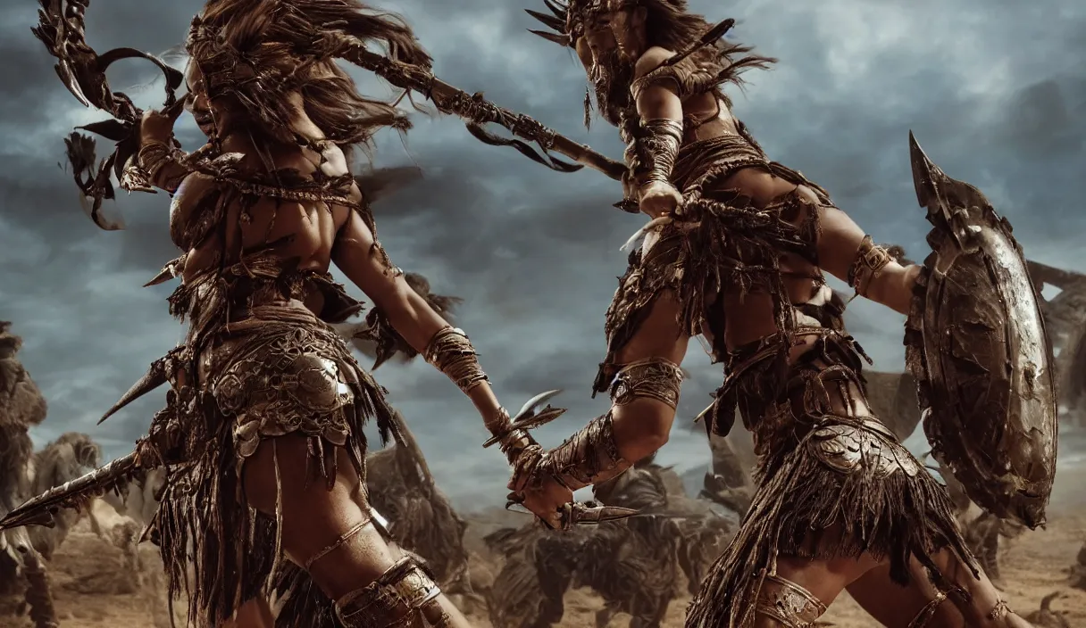 Image similar to long distance photo of ancient tribewoman standing against barbarians, in armor from monster hunter, attacking barbarian horde in the background, back shot, muscular bodies, dramatic lighting, cinematic, establishing shot, extremely high detail, photorealistic, 300 the movie,monster hunter the movie, dune the movie, cinematic lighting, artstation, octane render, western,old photo, vintage