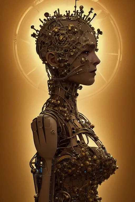 Image similar to portrait of a old female robot grandmother, intricate, dystopian toy, sci-fi, simple crown of little flowers, extremely detailed, digital painting, sculpted in zbrush, artstation, concept art, smooth, sharp focus, illustration, chiaroscuro lighting, golden ratio, incredible art by artgerm and greg rutkowski and alphonse mucha and simon stalenhag