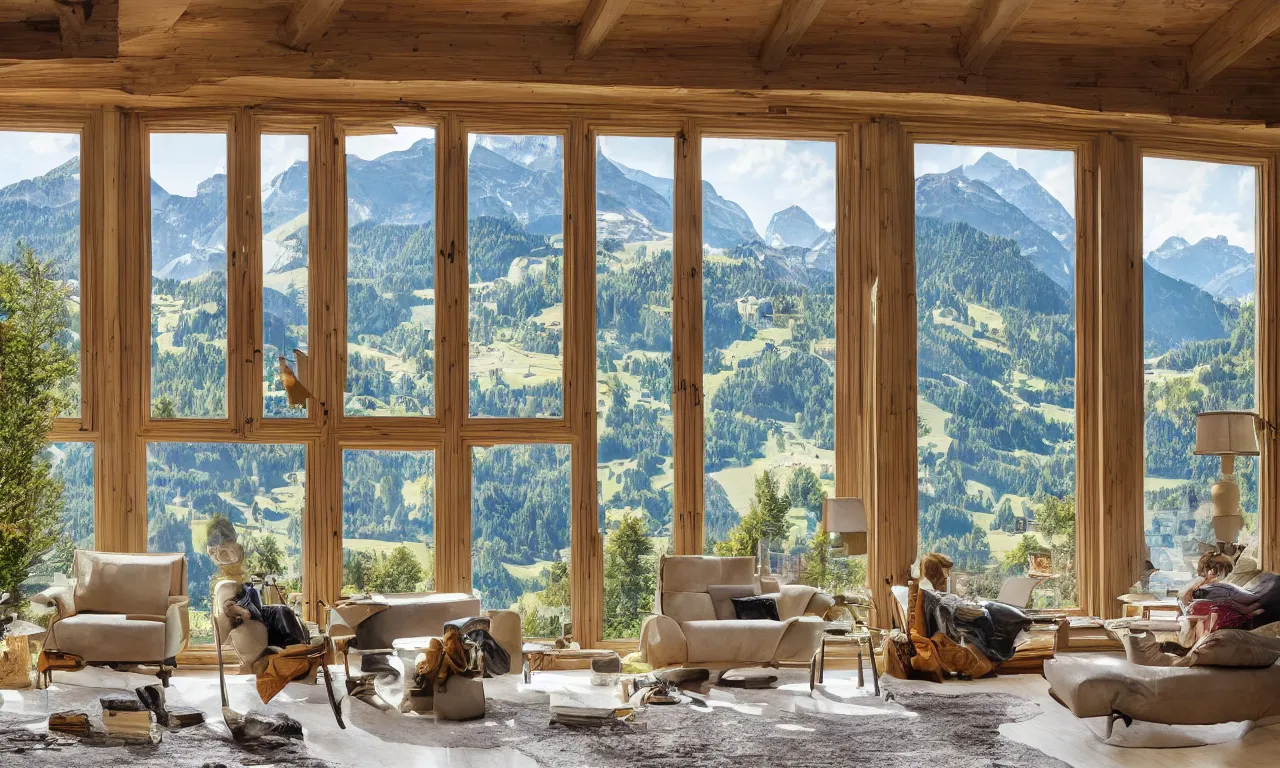 Image similar to fantastical living room with switzerland landscape in the window