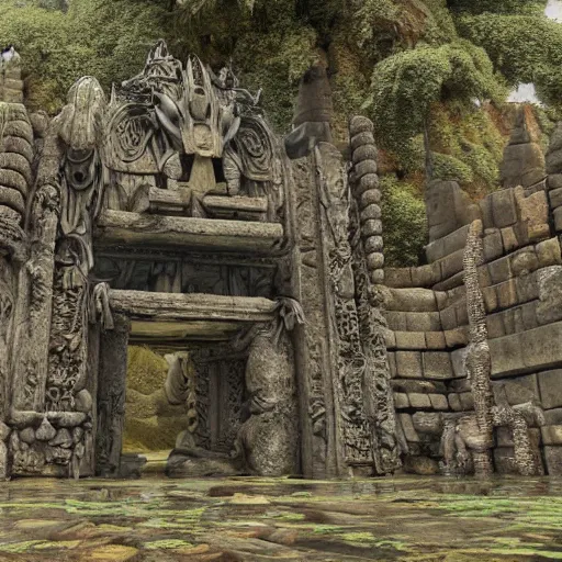 Image similar to an ancient collapsing temple to Shrek discovered deep in the swamps, 4k render, octane, ancient ogre imagery, tribal war god, dark amazonian temple, onion statue, gargoyle-like decorations in the style of Donkey. hyper-detailed, intricate, hallowed swampland