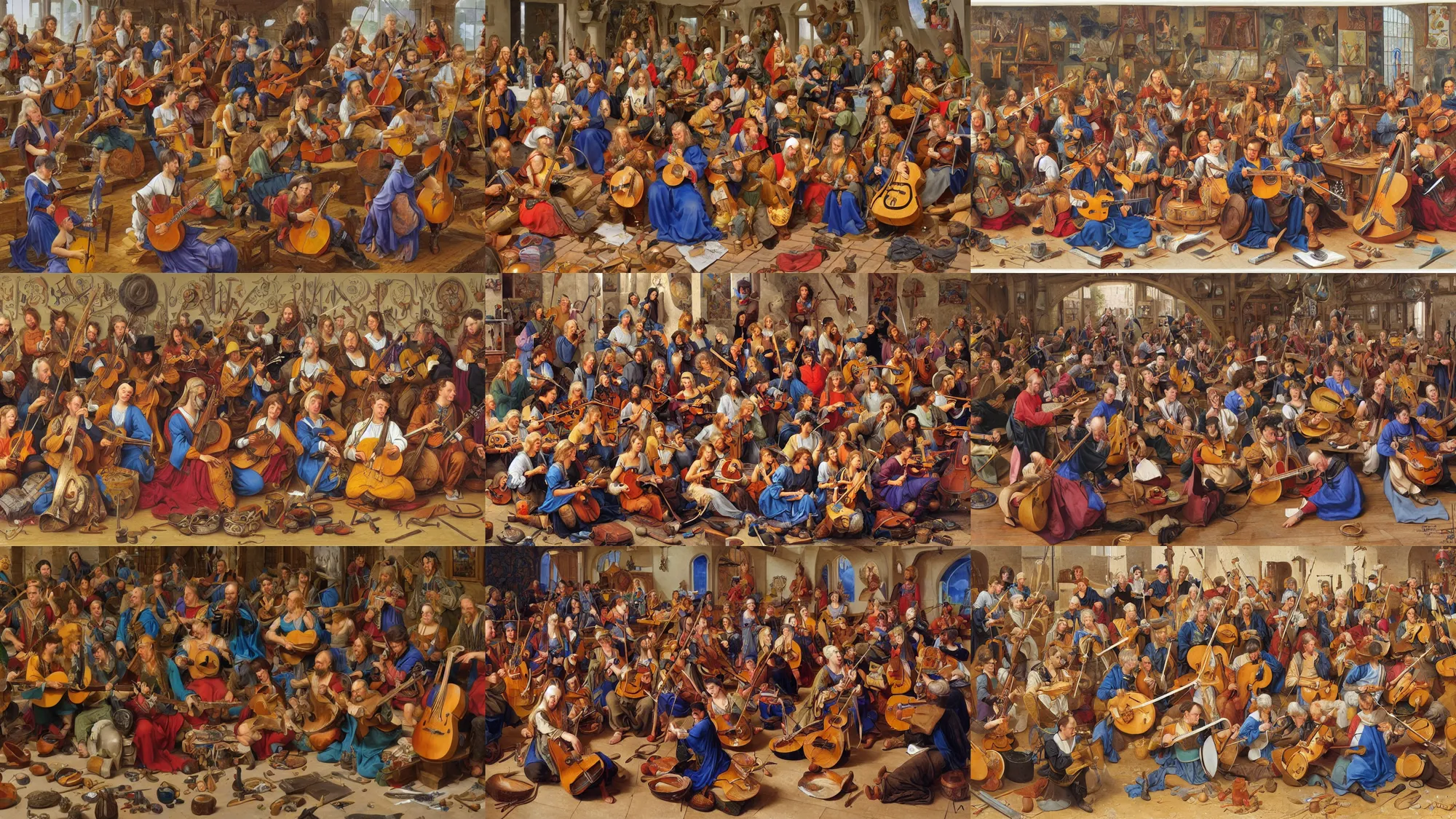 Prompt: A workshop full of lutes, dozens of lutes, by Alex Horley