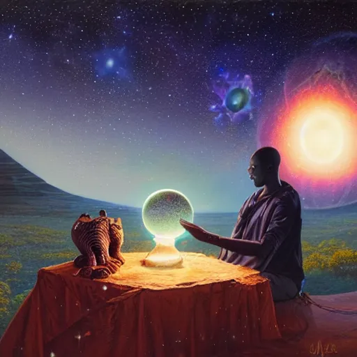 Prompt: an african psychic reading his crystal ball under a meteor shower, greg rutkowski and android jones and amanda sage, oil on canvas, 8k