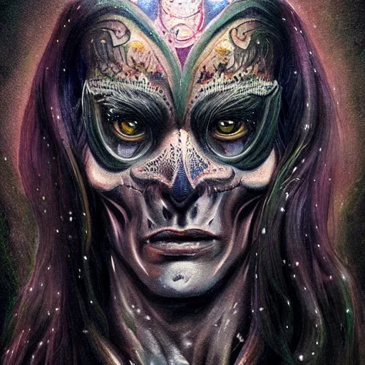 Image similar to a WLOP painting of Very very very very highly detailed mystic, enigmatic, strange portrait of a phantom warrior with galaxy, tattoos by Anton Pieck, intricate, extremely detailed, digital painting, artstation, concept art, smooth, sharp focus, illustration, intimidating lighting, incredible art,