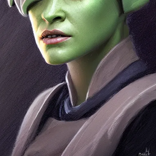 Image similar to portrait of a woman by greg rutkowski, female twi'lek, green skin, wool cap, star wars expanded universe, she is about 6 0 years old, wearing uniform of the galactic alliance navy, highly detailed portrait, digital painting, artstation, concept art, smooth, sharp foccus ilustration, artstation hq