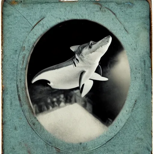 Prompt: underwater tintype ghost riding a shark