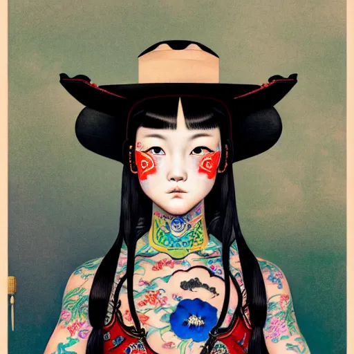 Prompt: full view of a girl from the qing dynasty with tattoos, wearing an american cowboy hat from the old west, in the year 2 0 4 0, style of yoshii chie and hikari shimoda and martine johanna, highly detailed