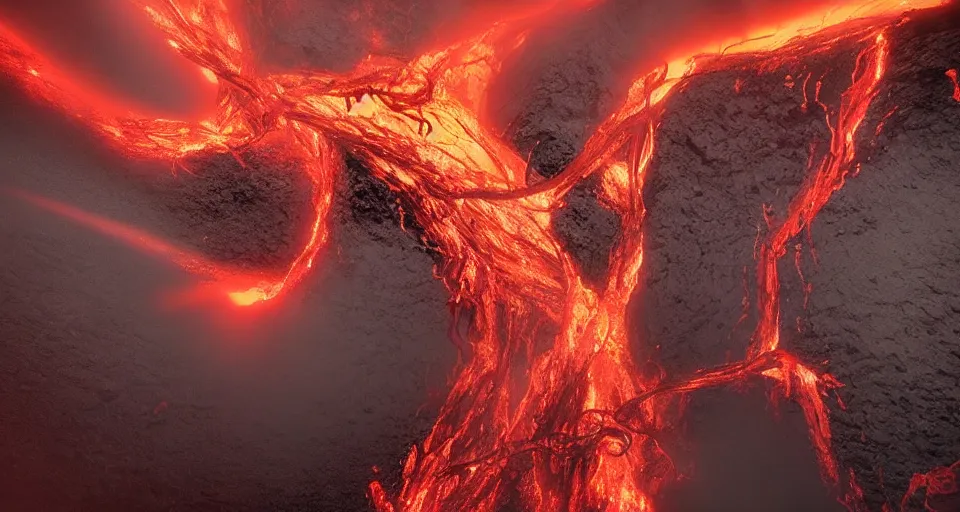 Image similar to a volcano made of ivory vines and crimson rocks enters in eruption, it spits a smoke in the shape of demonic eye, by Disney Concept Artists