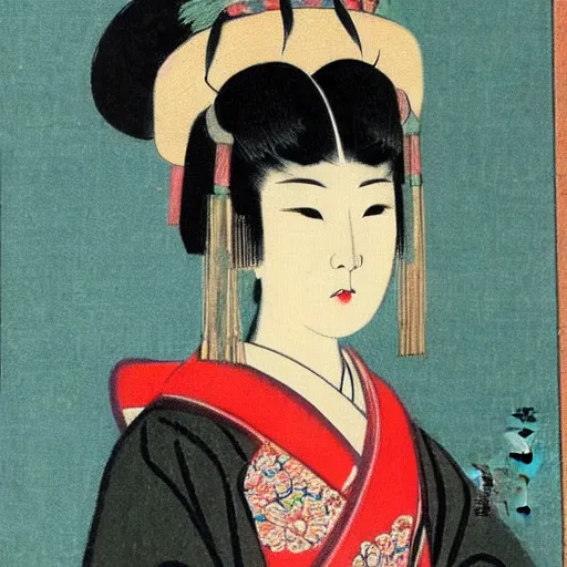 Prompt: beautiful japanese vintage panting of a lady in headdress, zen concept