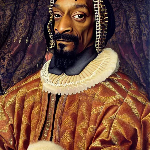 Image similar to a highly detailed portrait of snoop dogg, wearing elegant tudor clothes, inside a room with thick red tapestries, oil painting by hans holbein and alessandro allori and richard burbage