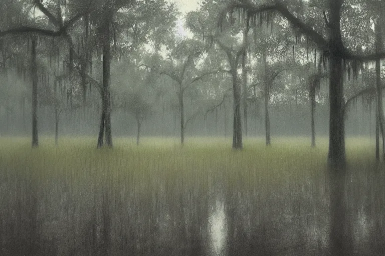 Image similar to scene from louisiana swamps, farm, big oak, pentagram, voodoo, artwork by tim eitel