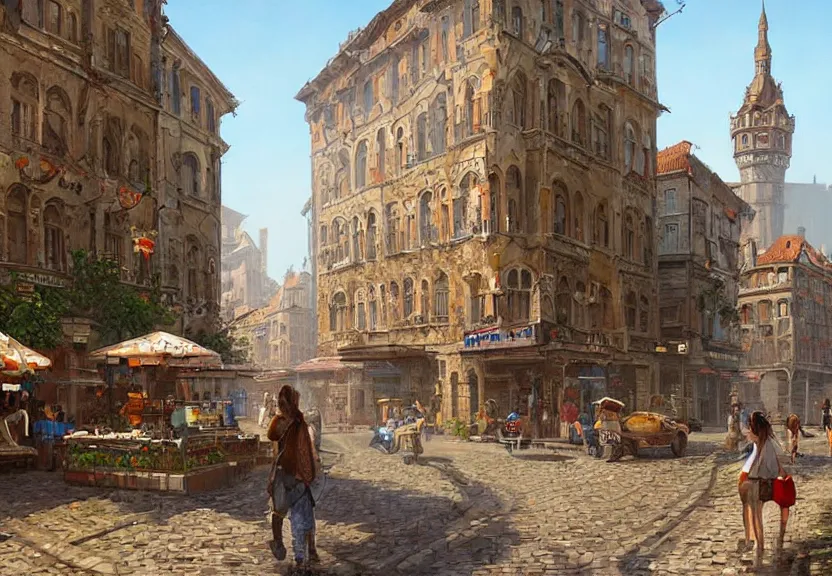 Image similar to pixel art of an old european city, summer season, a realistic digital painting by greg rutkowski and james gurney, trending on artstation, highly detailed