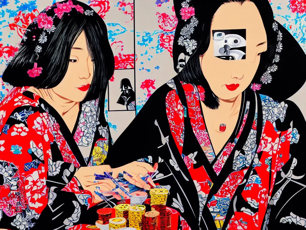 Image similar to hyperrealism composition of the detailed woman in a japanese kimono sitting at an extremely detailed poker table with darth vader, fireworks on the background, pop - art style, jacky tsai style, andy warhol style, acrylic on canvas