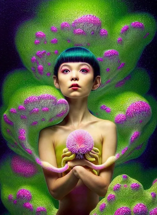 Image similar to hyper detailed 3d render like a Oil painting - kawaii portrait Aurora (black haired Fae acrobat) seen Eating of the Strangling network of yellowcake aerochrome and milky Fruit and Her delicate Hands hold of gossamer polyp blossoms bring iridescent fungal flowers whose spores black the foolish stars by Jacek Yerka, Mariusz Lewandowski, Houdini algorithmic generative render, Abstract brush strokes, Masterpiece, Edward Hopper and James Gilleard, Zdzislaw Beksinski, Mark Ryden, Wolfgang Lettl, hints of Yayoi Kasuma, octane render, 8k