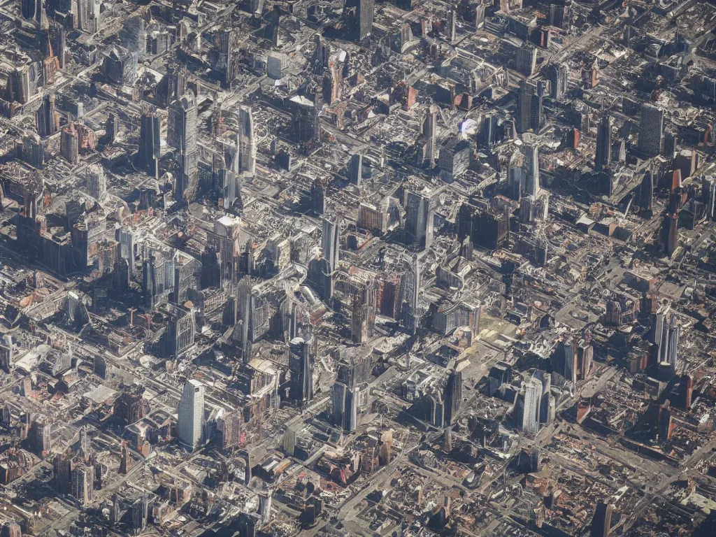 Image similar to city is being destroyed by a falling meteor, view from above, explosion, shreds, ruins